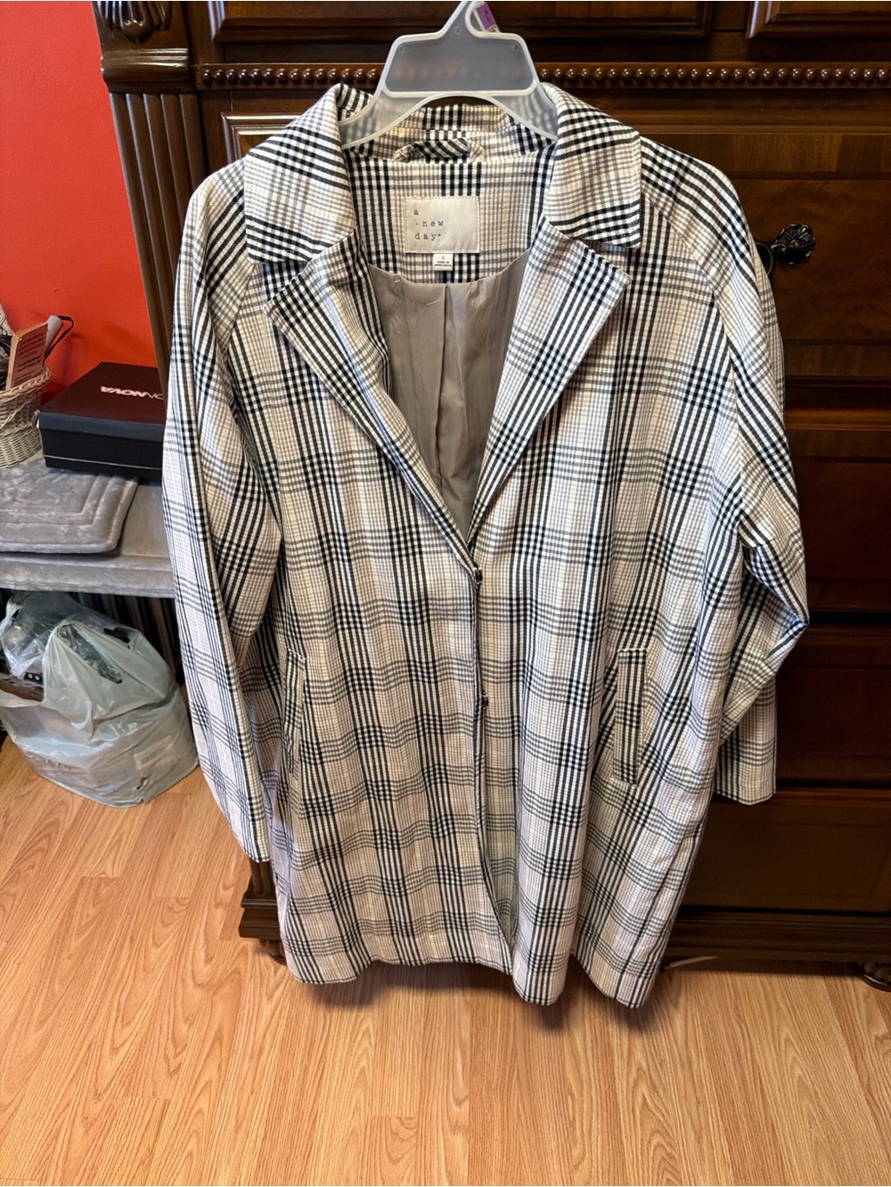 A New Day Black and Tan Plaid Button-Front Blazer Style Coat